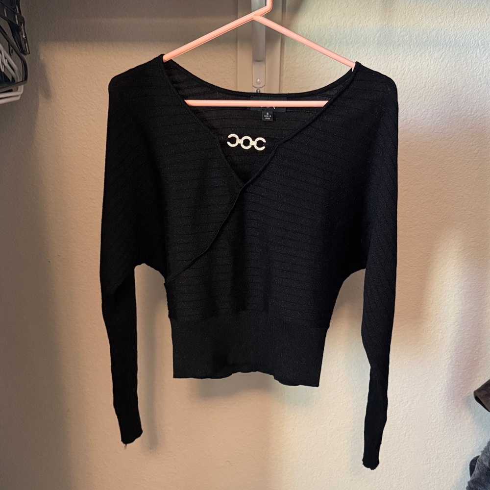 BCX Black Ribbed V-Neck Wrap Detail Sweater - Picture 5 of 5